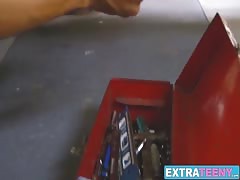 Cute petite brunette babe crams her face with a hard dong